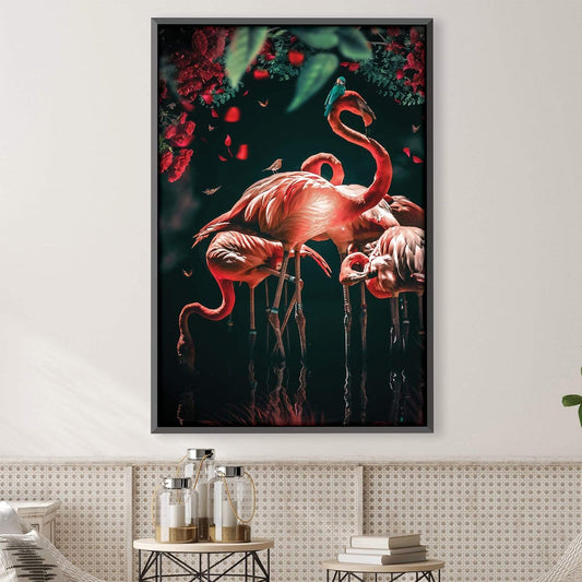 Elegant Flamingo Oil Painting with Vibrant Floral Accents for Modern Décor