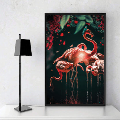 Elegant Flamingo Oil Painting with Vibrant Floral Accents for Modern Décor