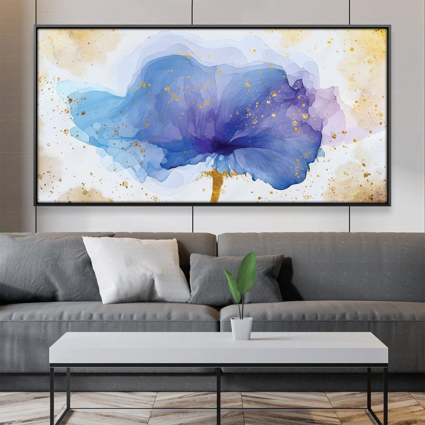 Elegant Blue Floral Oil Painting with Gold Accents for Modern Home Décor