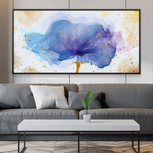 Elegant Blue Floral Oil Painting with Gold Accents for Modern Home Décor
