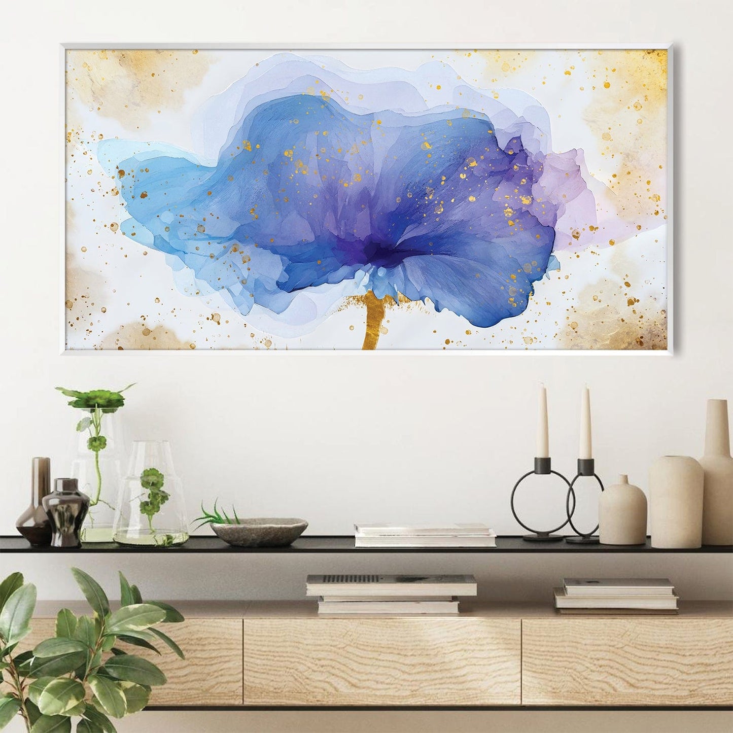 Elegant Blue Floral Oil Painting with Gold Accents for Modern Home Décor