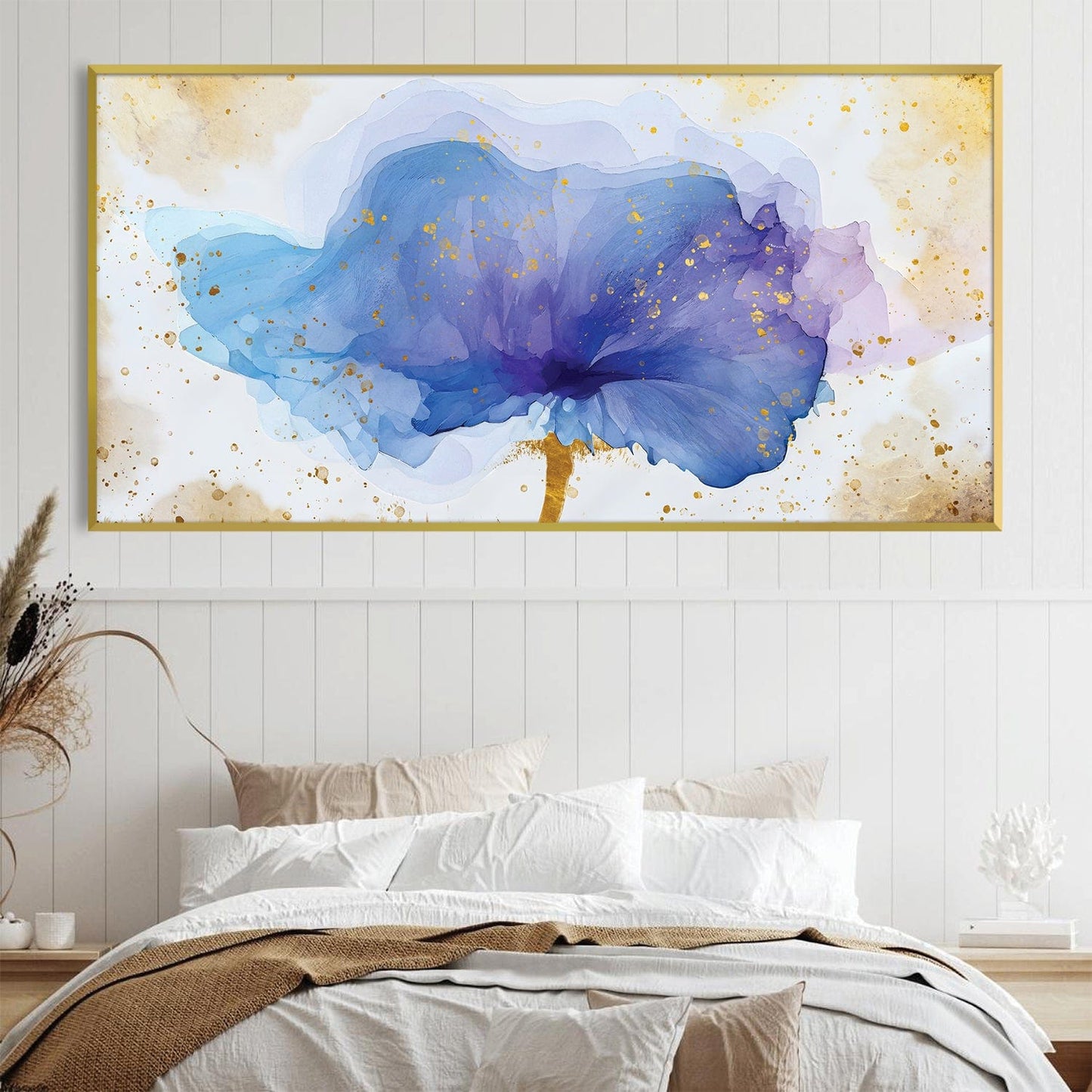 Elegant Blue Floral Oil Painting with Gold Accents for Modern Home Décor