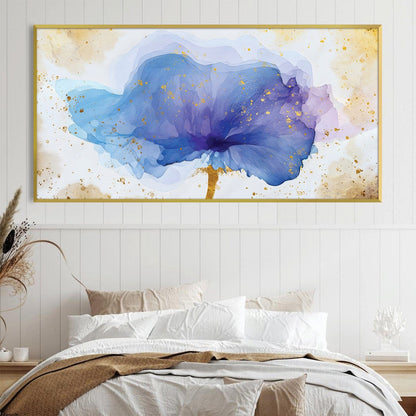 Elegant Blue Floral Oil Painting with Gold Accents for Modern Home Décor