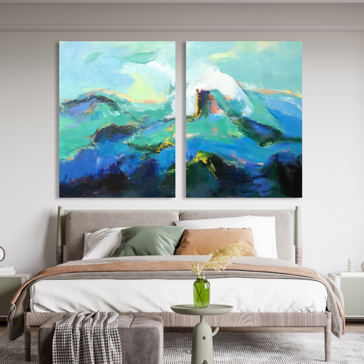 Serene Mountain Landscape Oil Painting in Vibrant Blues and Greens