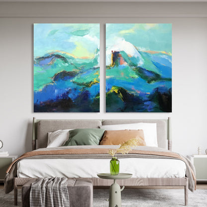 Serene Mountain Landscape Oil Painting in Vibrant Blues and Greens