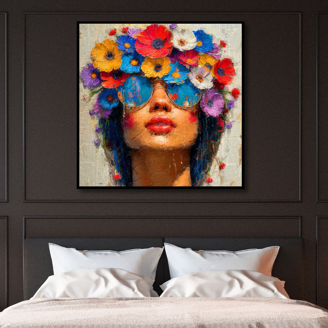 Vibrant Floral Portrait of a Stylish Woman in Sunglasses
