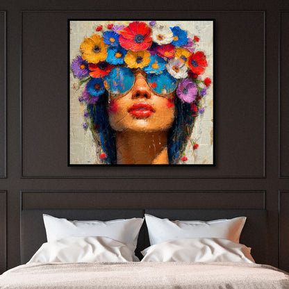 Vibrant Floral Portrait of a Stylish Woman in Sunglasses