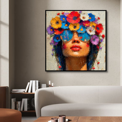 Vibrant Floral Portrait of a Stylish Woman in Sunglasses