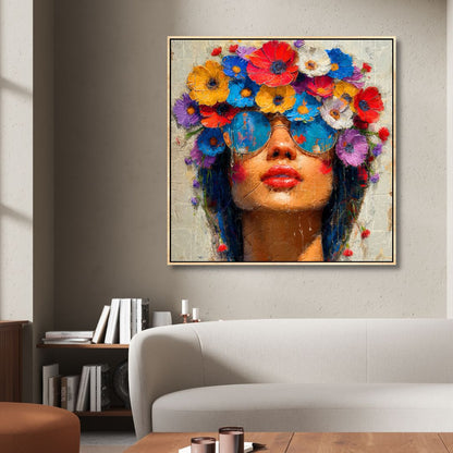 Vibrant Floral Portrait of a Stylish Woman in Sunglasses