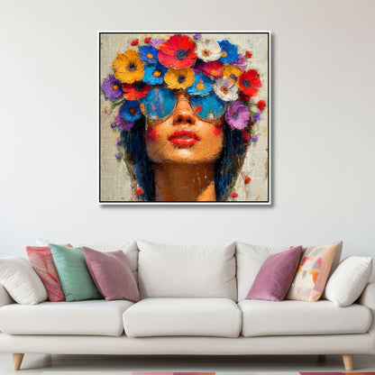 Vibrant Floral Portrait of a Stylish Woman in Sunglasses