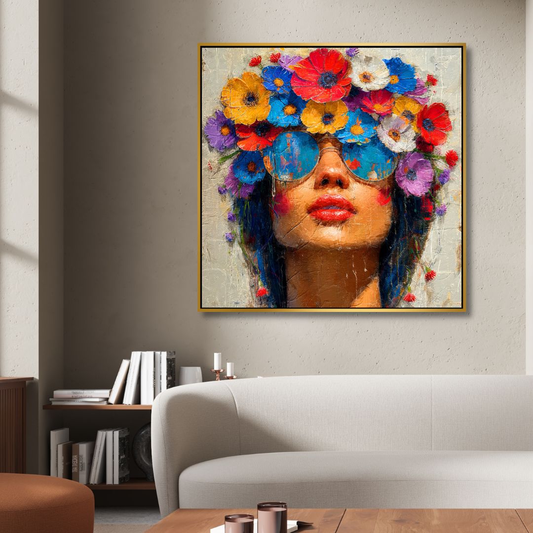 Vibrant Floral Portrait of a Stylish Woman in Sunglasses
