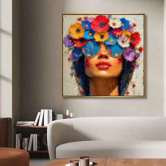 Vibrant Floral Portrait of a Stylish Woman in Sunglasses