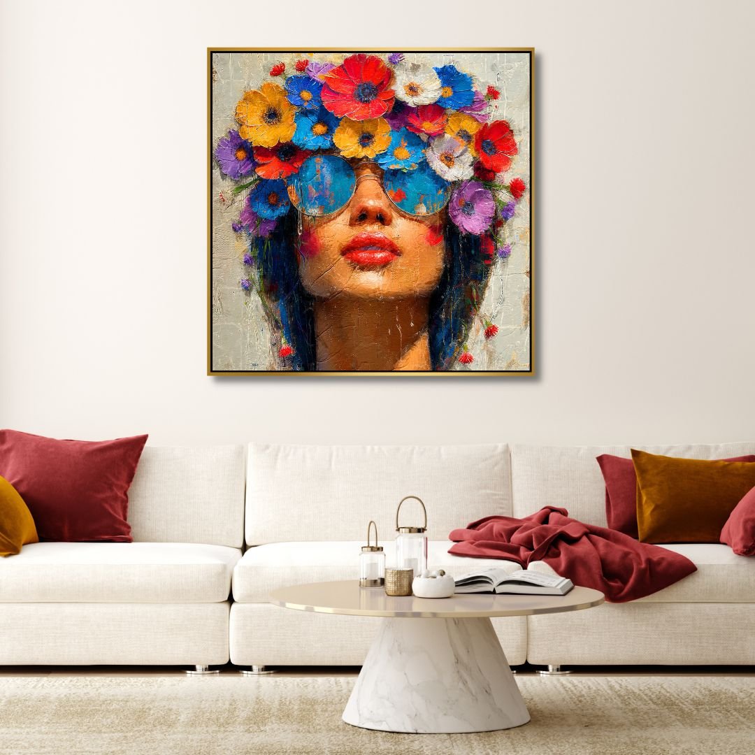 Vibrant Floral Portrait of a Stylish Woman in Sunglasses