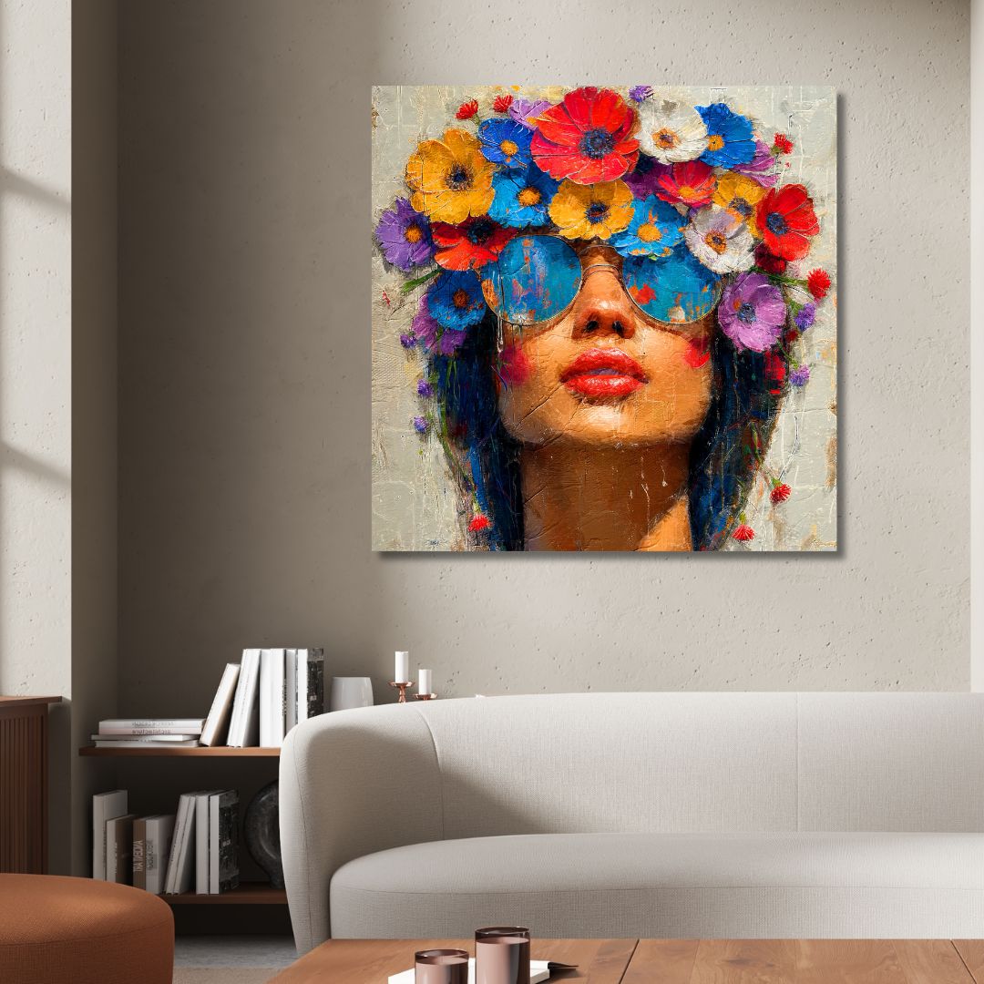 Vibrant Floral Portrait of a Stylish Woman in Sunglasses