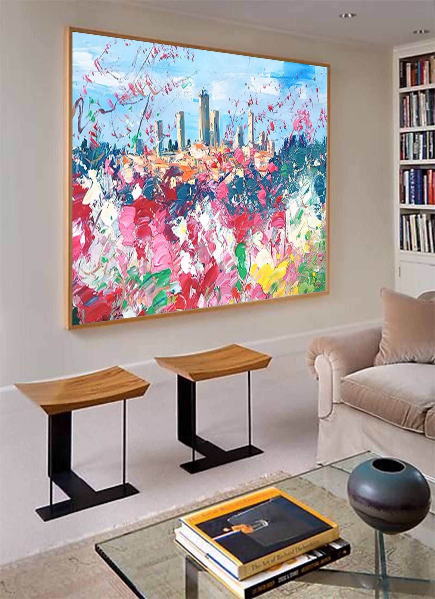 Vibrant Cityscape Oil Painting with Colorful Floral Foreground