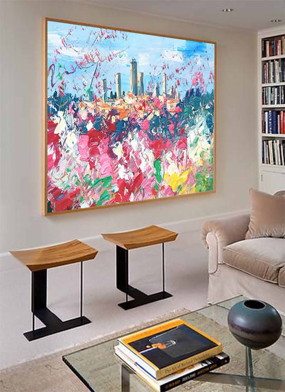 Vibrant Cityscape Oil Painting with Colorful Floral Foreground