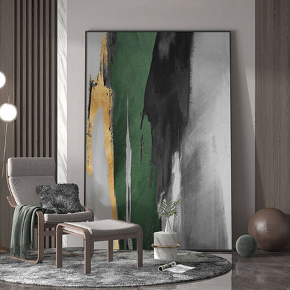 Abstract Oil Painting with Gold and Green Accents for Modern Decor