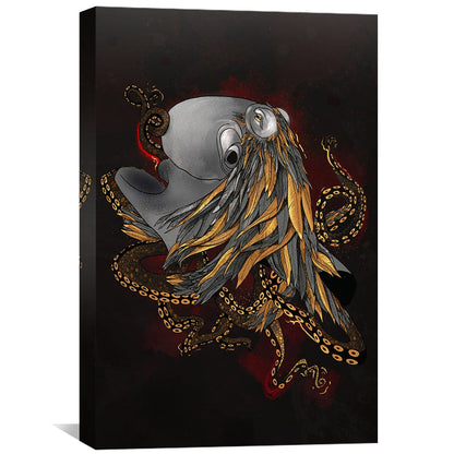 Abstract Feathered Octopus on Dark Background - Unique Oil Painting Art