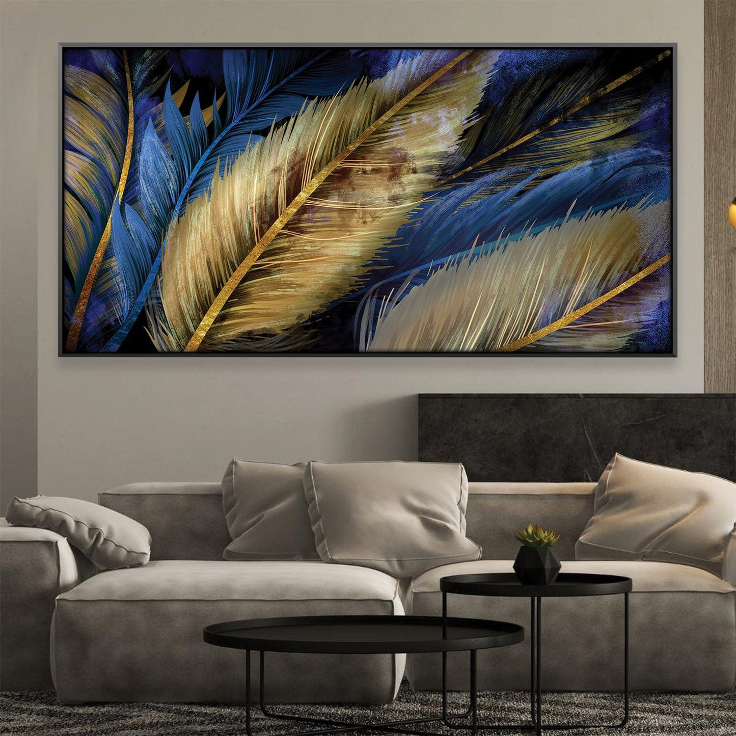 Vibrant Feathered Art Canvas - Abstract Blue and Gold Home Decor Painting