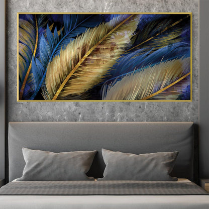 Vibrant Feathered Art Canvas - Abstract Blue and Gold Home Decor Painting