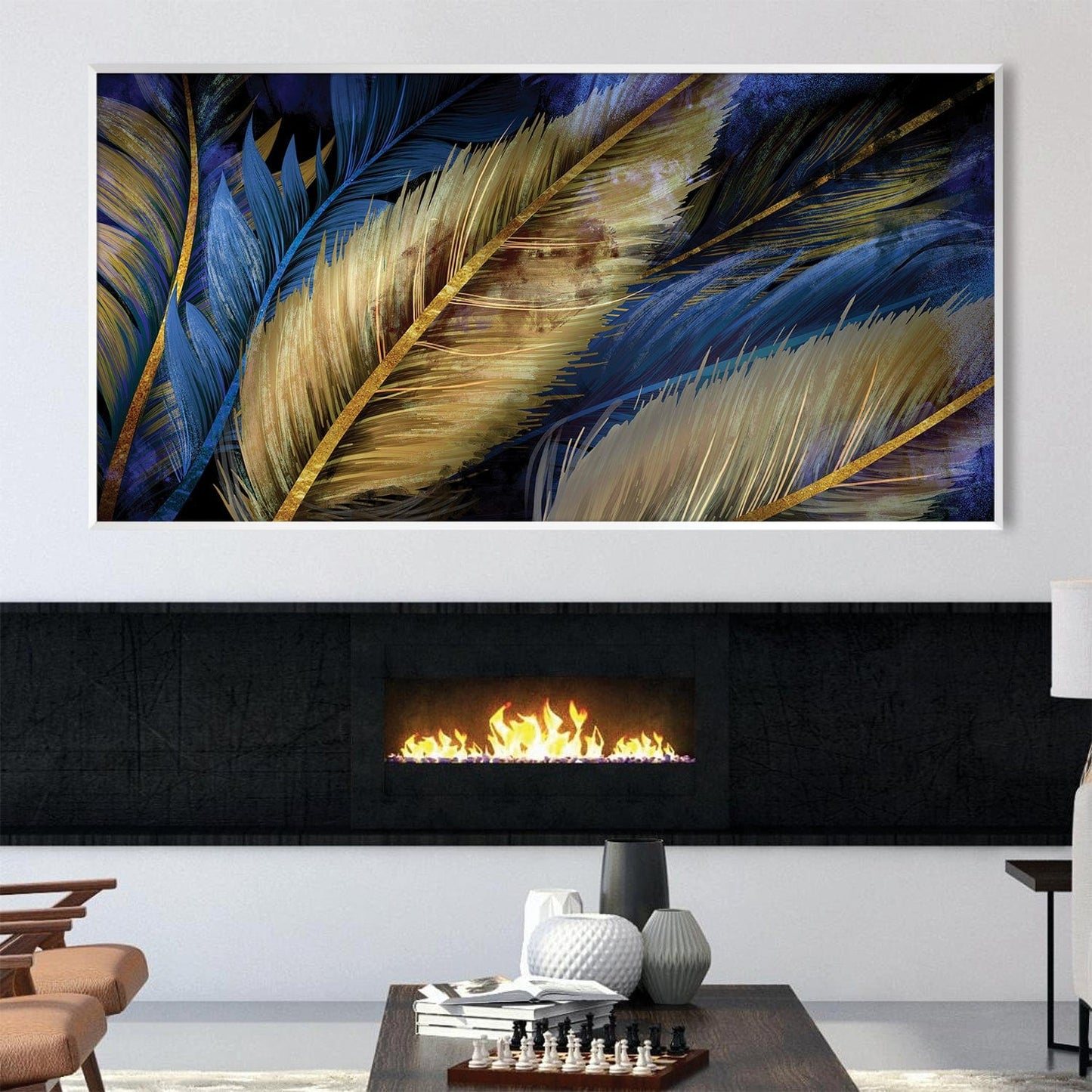 Vibrant Feathered Art Canvas - Abstract Blue and Gold Home Decor Painting