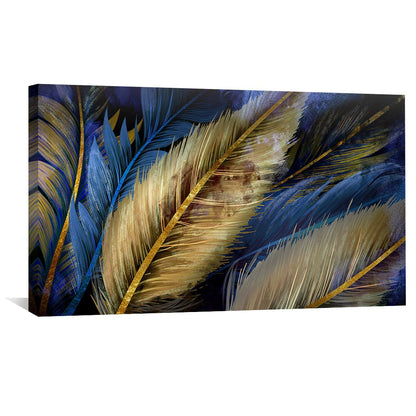 Vibrant Feathered Art Canvas - Abstract Blue and Gold Home Decor Painting