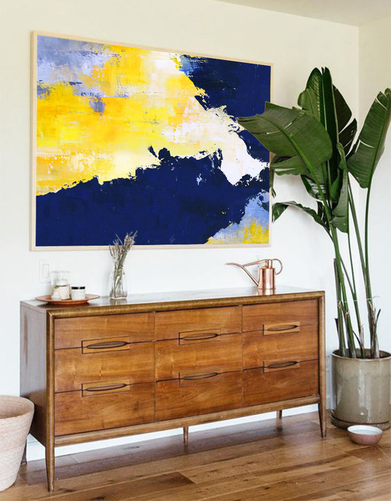 Vibrant Blue and Yellow Abstract Oil Painting for Modern Home Decor