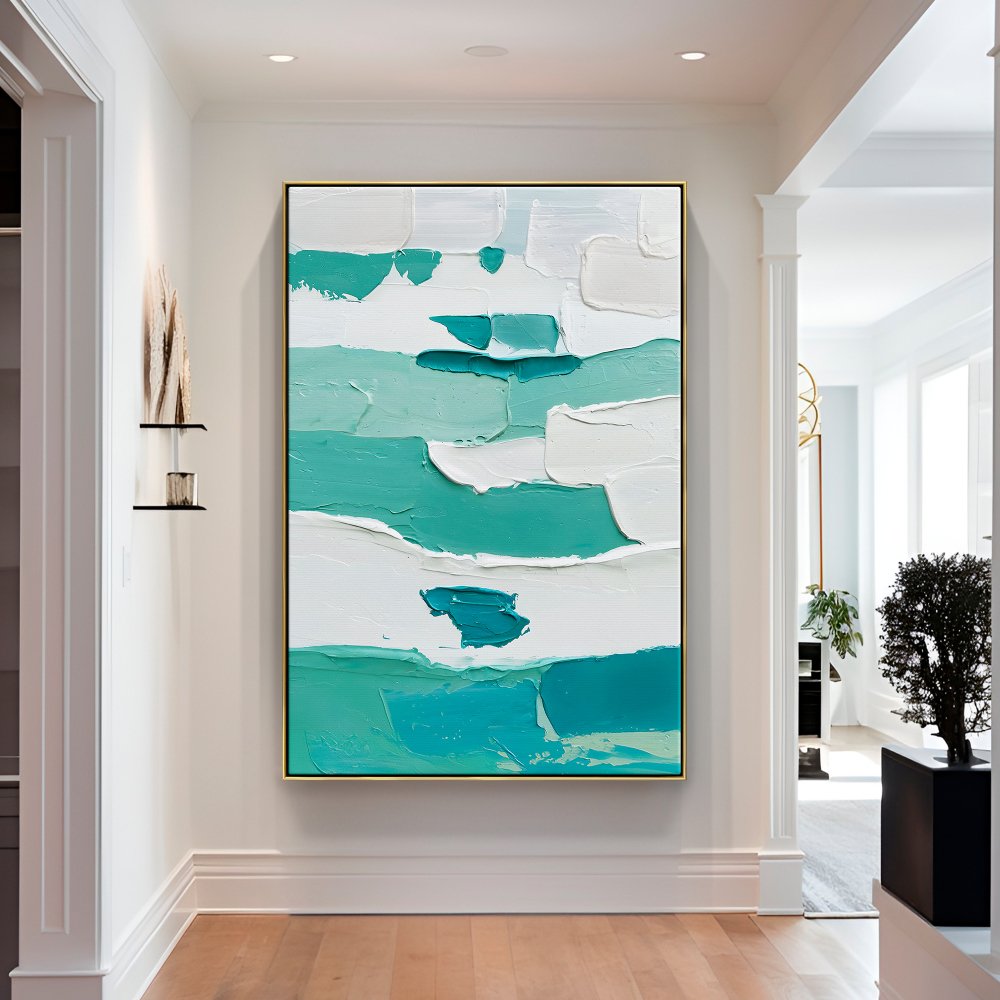 Tranquil Waves: Abstract Oil Painting in Soothing Blue and White Tones