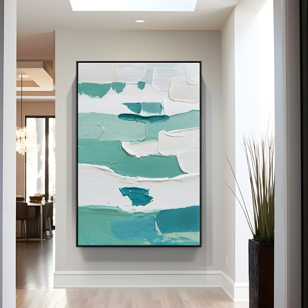 Tranquil Waves: Abstract Oil Painting in Soothing Blue and White Tones