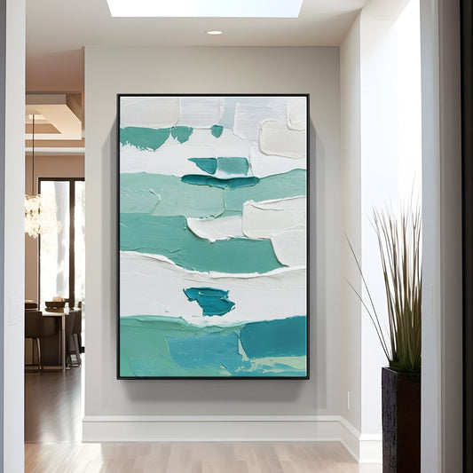 Tranquil Waves: Abstract Oil Painting in Soothing Blue and White Tones