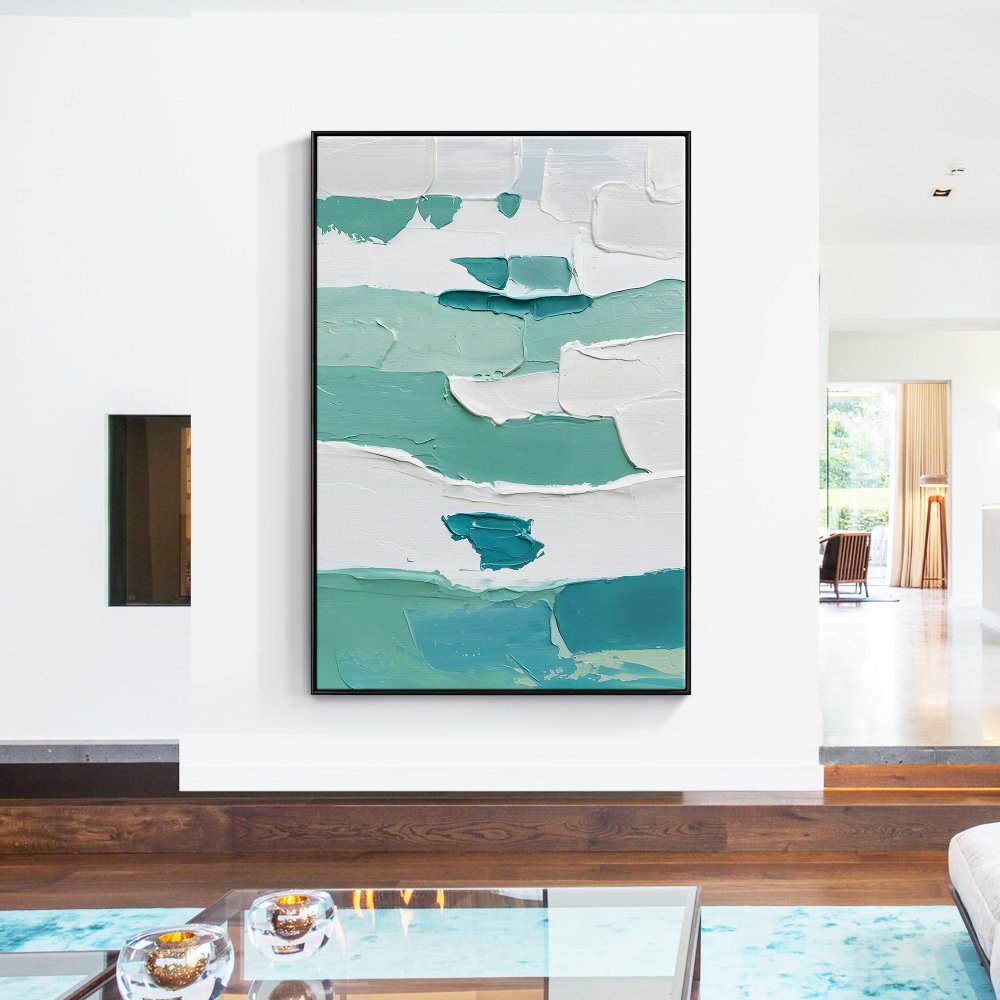 Tranquil Waves: Abstract Oil Painting in Soothing Blue and White Tones