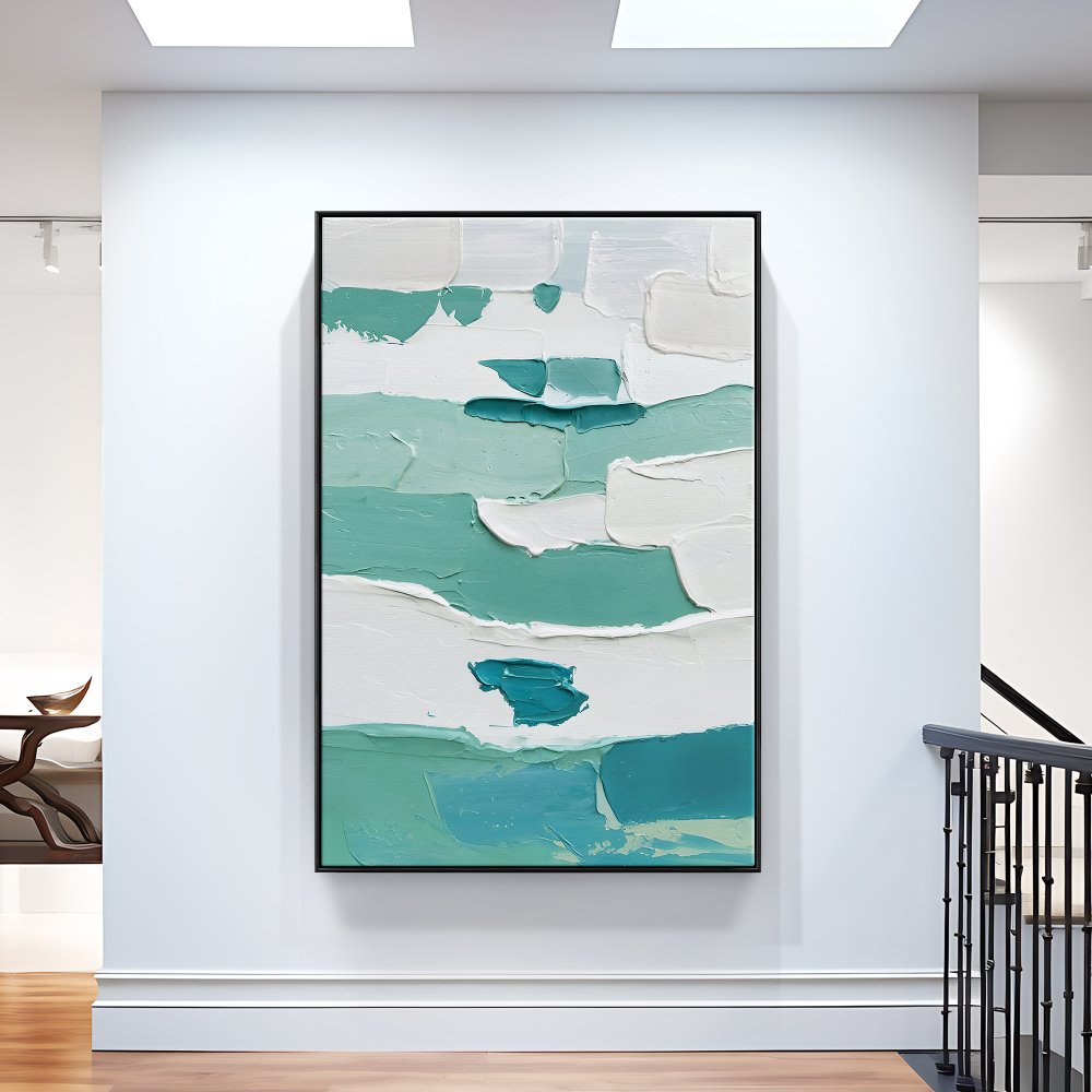 Tranquil Waves: Abstract Oil Painting in Soothing Blue and White Tones