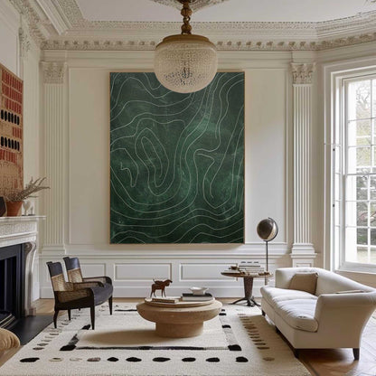Contemporary Green Abstract Oil Painting with Dynamic Line Work
