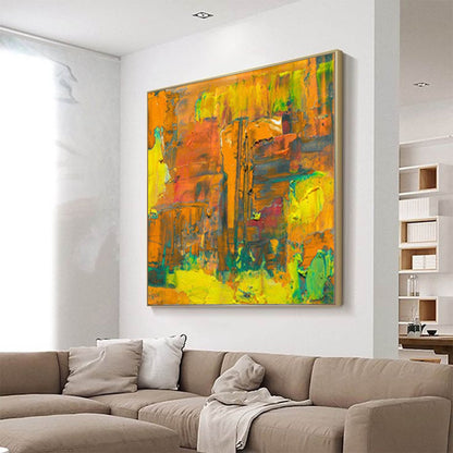 Vibrant Abstract Oil Painting in Orange and Yellow for Modern Home Decor