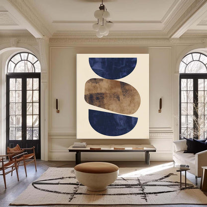 Navy and Gold Geometric Abstract Oil Painting for Modern Home Decor