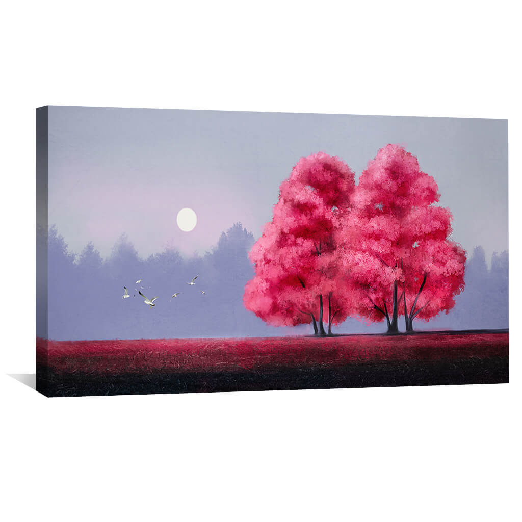 Vibrant Pink Trees in Red Field Oil Painting for Modern Home Decor