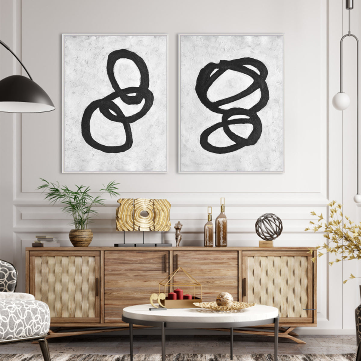 Abstract Black Circles on White Canvas - Modern Oil Painting for Contemporary Decor