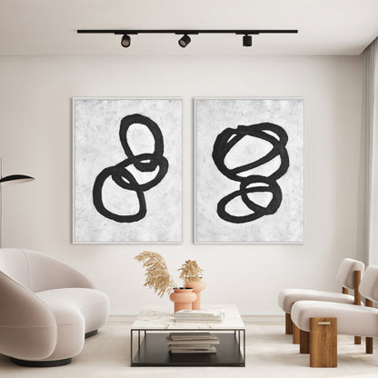 Abstract Black Circles on White Canvas - Modern Oil Painting for Contemporary Decor