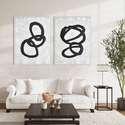 Abstract Black Circles on White Canvas - Modern Oil Painting for Contemporary Decor