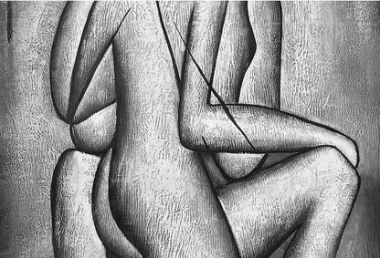 Contemporary Abstract Oil Painting of Two Figures Embracing in Shadows