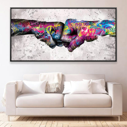 Vibrant Fist Bump Oil Painting with Graffiti Art Style for Modern Home Decor