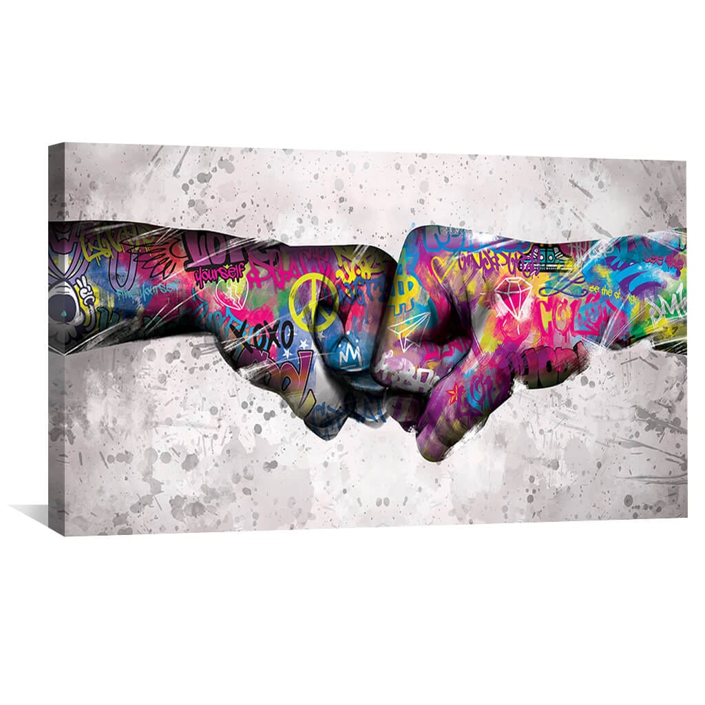 Vibrant Fist Bump Oil Painting with Graffiti Art Style for Modern Home Decor