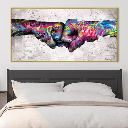 Vibrant Fist Bump Oil Painting with Graffiti Art Style for Modern Home Decor