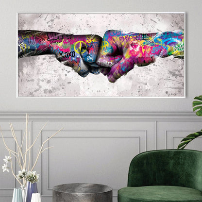 Vibrant Fist Bump Oil Painting with Graffiti Art Style for Modern Home Decor