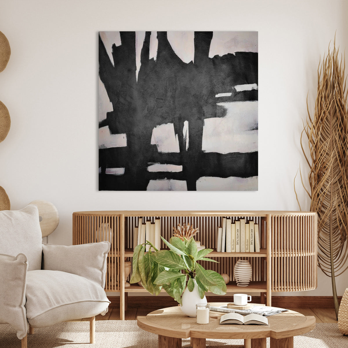 Abstract Black and White Oil Painting for Modern Home Décor