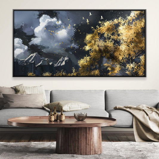 Majestic Mountain Landscape with Golden Trees and Soaring Birds Oil Painting