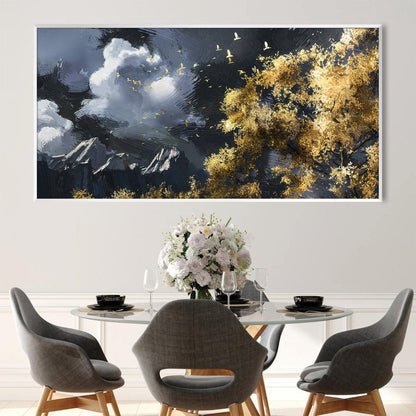 Majestic Mountain Landscape with Golden Trees and Soaring Birds Oil Painting