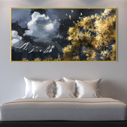 Majestic Mountain Landscape with Golden Trees and Soaring Birds Oil Painting