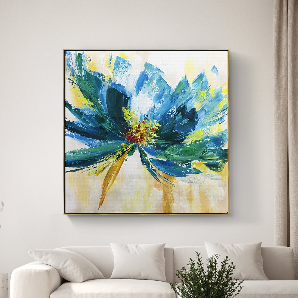 Vibrant Blue Floral Abstract Oil Painting for Home Decor and Art Collectors
