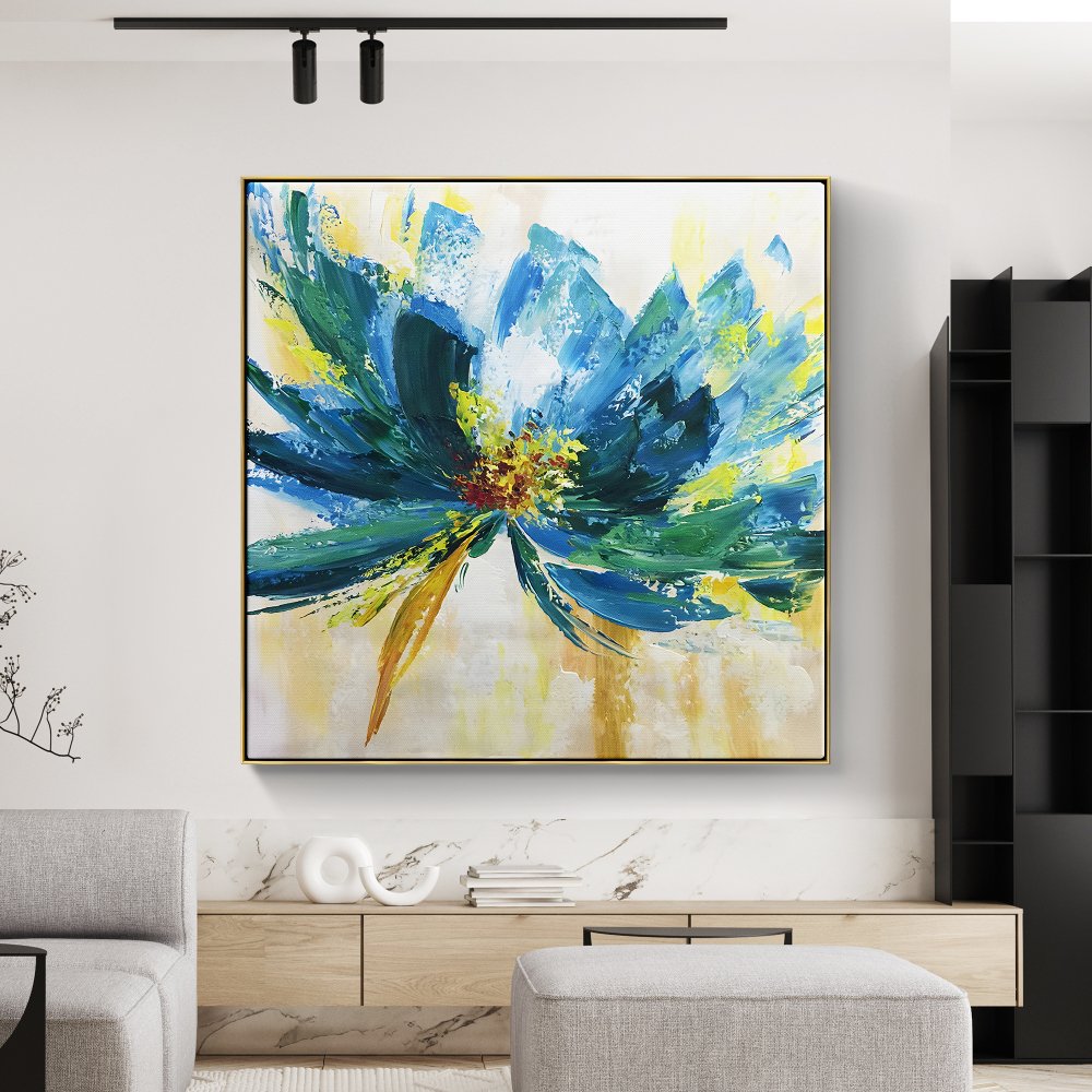Vibrant Blue Floral Abstract Oil Painting for Home Decor and Art Collectors